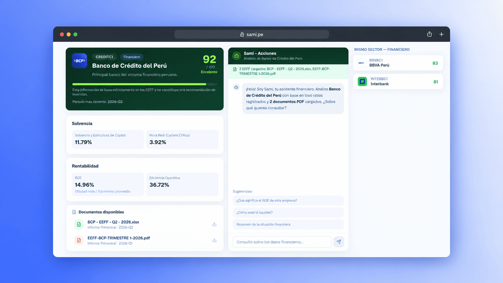 Sami analizando el Banco de Crédito del Perú: ratios, calificación financiera y chat con IA